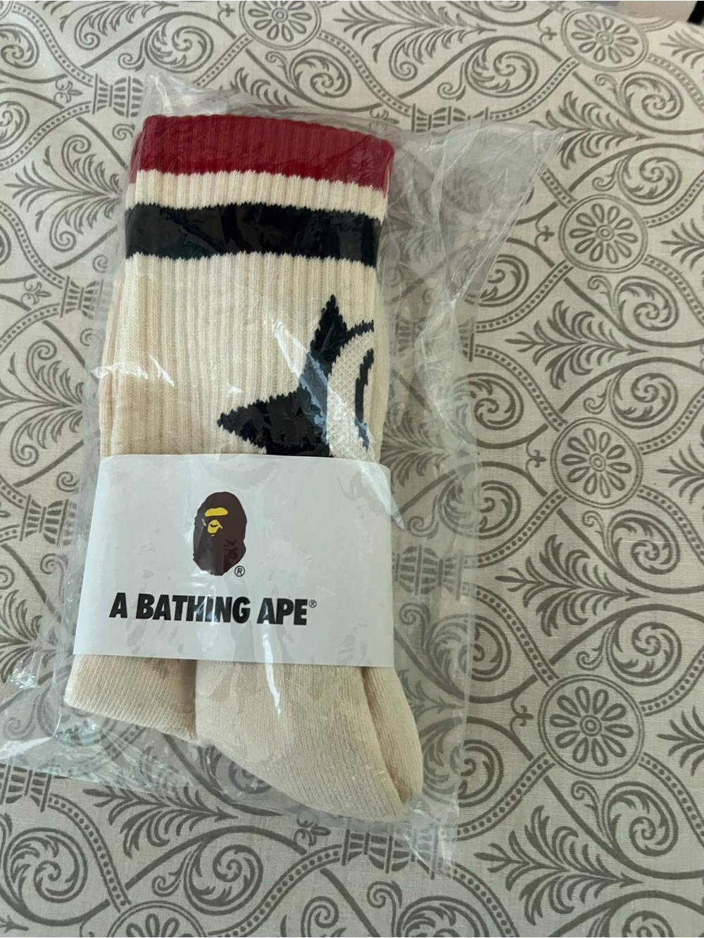 Bape Crew Socks in Cream with Red & Black Accents